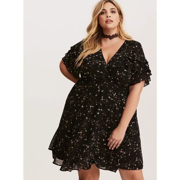 Torrid NWT Black Floral Bird Chiffon Ruffle Faux Wrap Dress SZ 4X - Picture 3 of 15